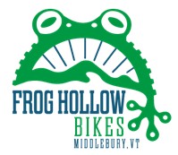 Logo for Frog Hollow Bikes, Middlebury, VT, featuring a green frog graphic and the blue-green text of the brand name.