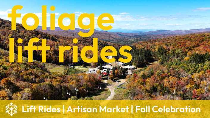 Aerial autumn forest scene with bold yellow text reading 'foliage lift rides' and a bottom banner advertising 'Lift Rides | Artisan Market | Fall Celebration'