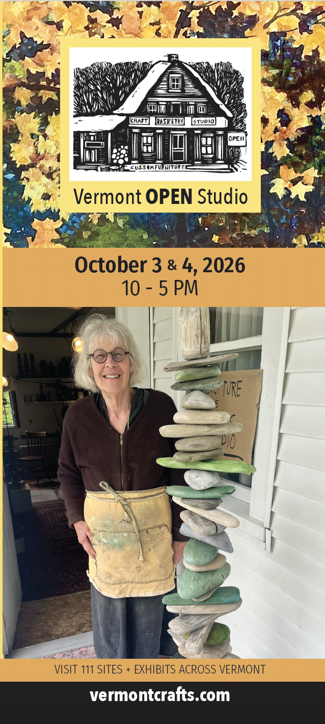 Event poster for Vermont OPEN Studio: smiling woman stacking painted stones outside; date October 3–4, 2026, vermontcrafts.com
