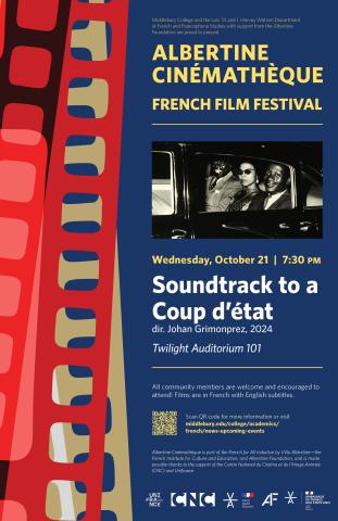 Poster for Albertine Cinémathèque French Film Festival on a blue background with a red filmstrip border; features a black‑and‑white film still and text about the screening: 'Soundtrack to a Coup d'état', Wednesday Oct 21, 7:30 PM, Twilight Auditorium 101.