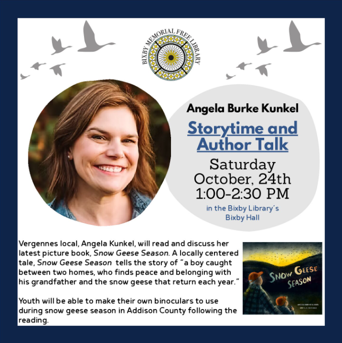 swifthouseinn_hotel_middlebury_angela Promo flyer for Angela Burke Kunkel's Storytime and Author Talk on Oct 24, 1–2:30 PM at Bixby Library; includes author photo, library logo, and decorative birds.