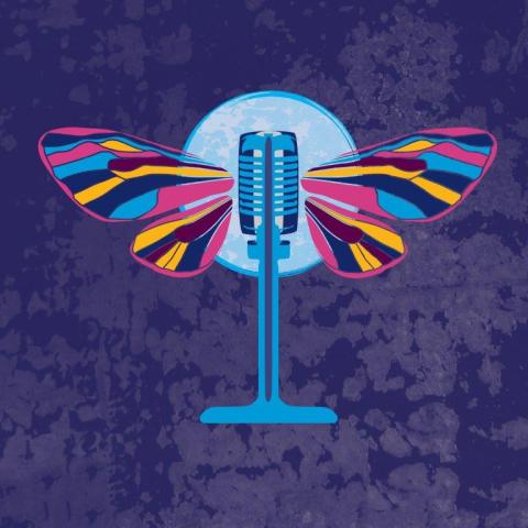 Vintage microphone with colorful butterfly wings spread on a purple textured background.
