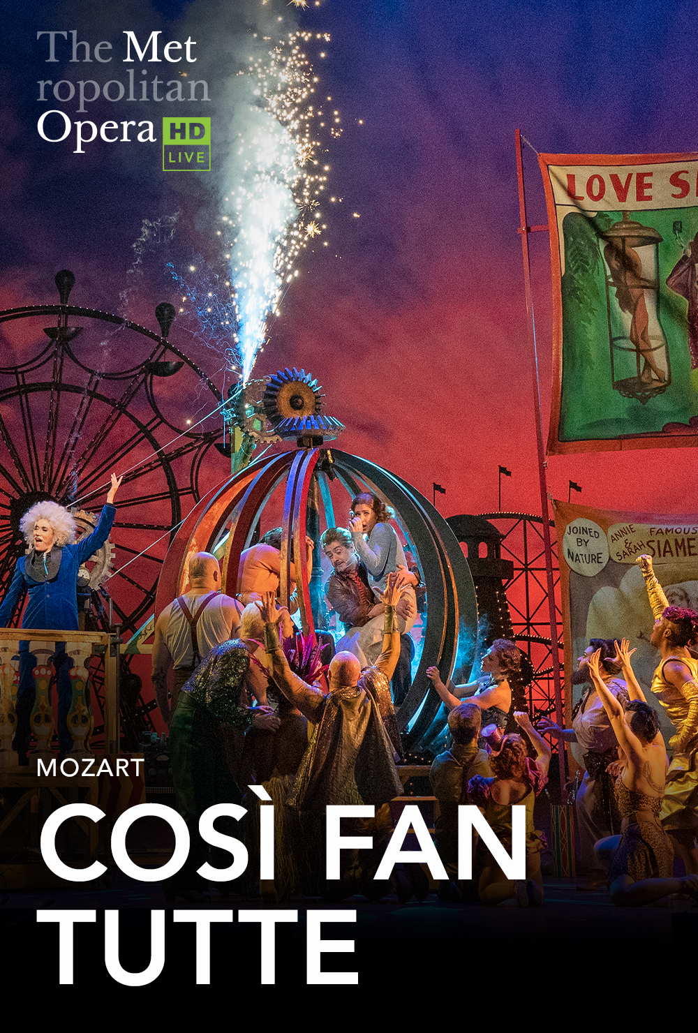 swifthouseinn_hotel_middlebury_cosefantutte Promotional poster for The Met Opera HD Live: Mozart's Così fan tutte, showing a colorful circus-like stage with performers and a cheering crowd.