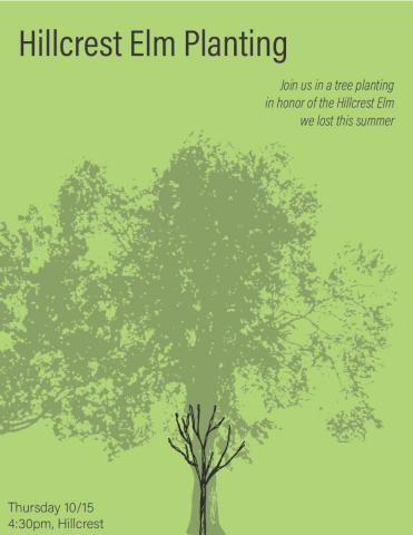 Poster for Hillcrest Elm Planting on a lime background with tree silhouettes; invites planting to honor a lost elm, Thu 10/15 at 4:30pm, Hillcrest.