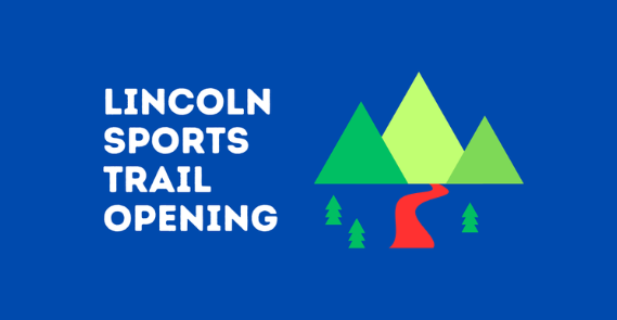 swifthouseinn_hotel_middlebury_lincolnsportstrail Banner announcing Lincoln Sports Trail Opening with green mountains and a red winding trail on a blue background.