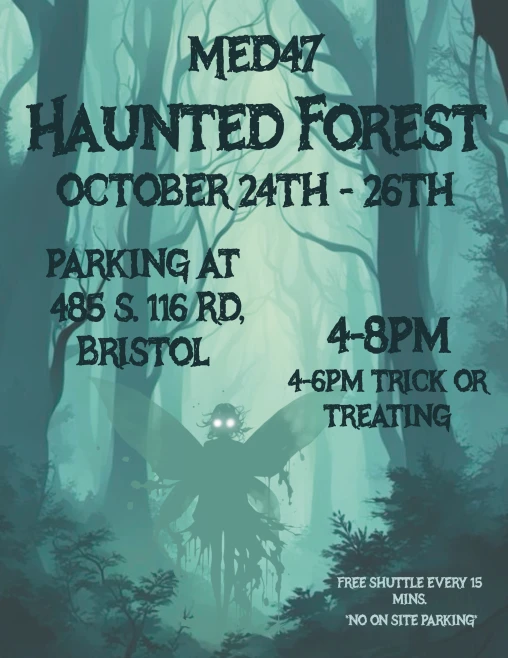 swifthouseinn_hotel_middlebury_med47 Poster for MED47 Haunted Forest: Oct 24–26, 4–8 PM at 485 S. 116 Rd., Bristol; trick-or-treat 4–6 PM; free shuttle every 15 min; no on-site parking.