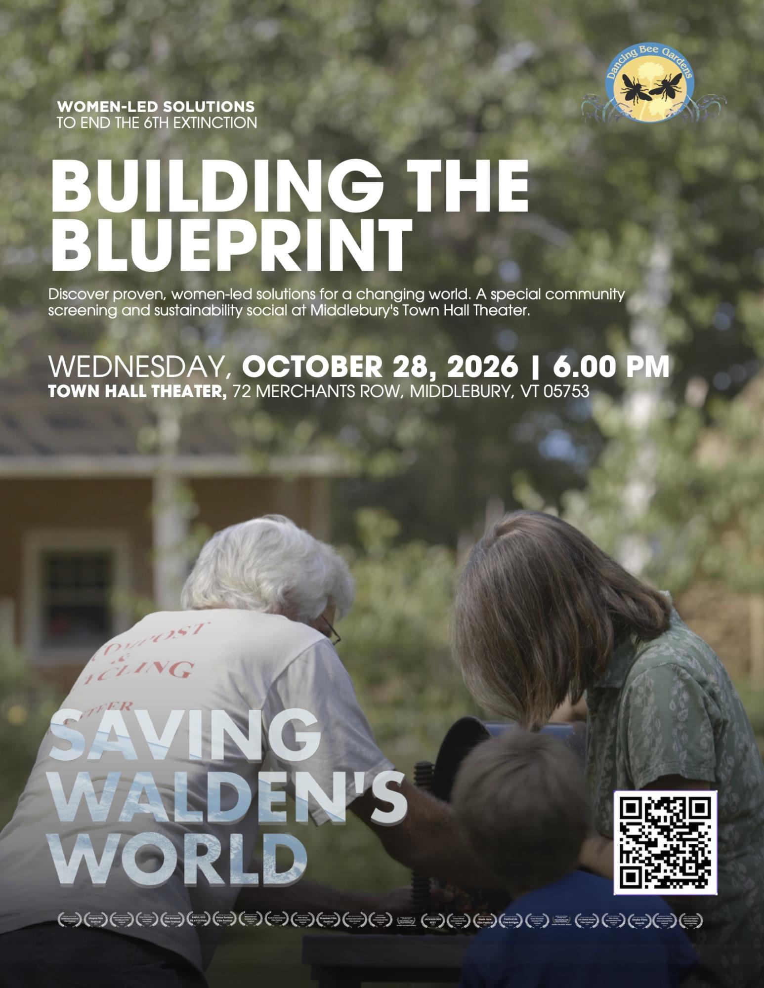swifthouseinn_hotel_middlebury_savingwaldensworld Outdoor event poster with bold text 'BUILDING THE BLUEPRINT' and a QR code in the bottom right corner, people seated nearby.